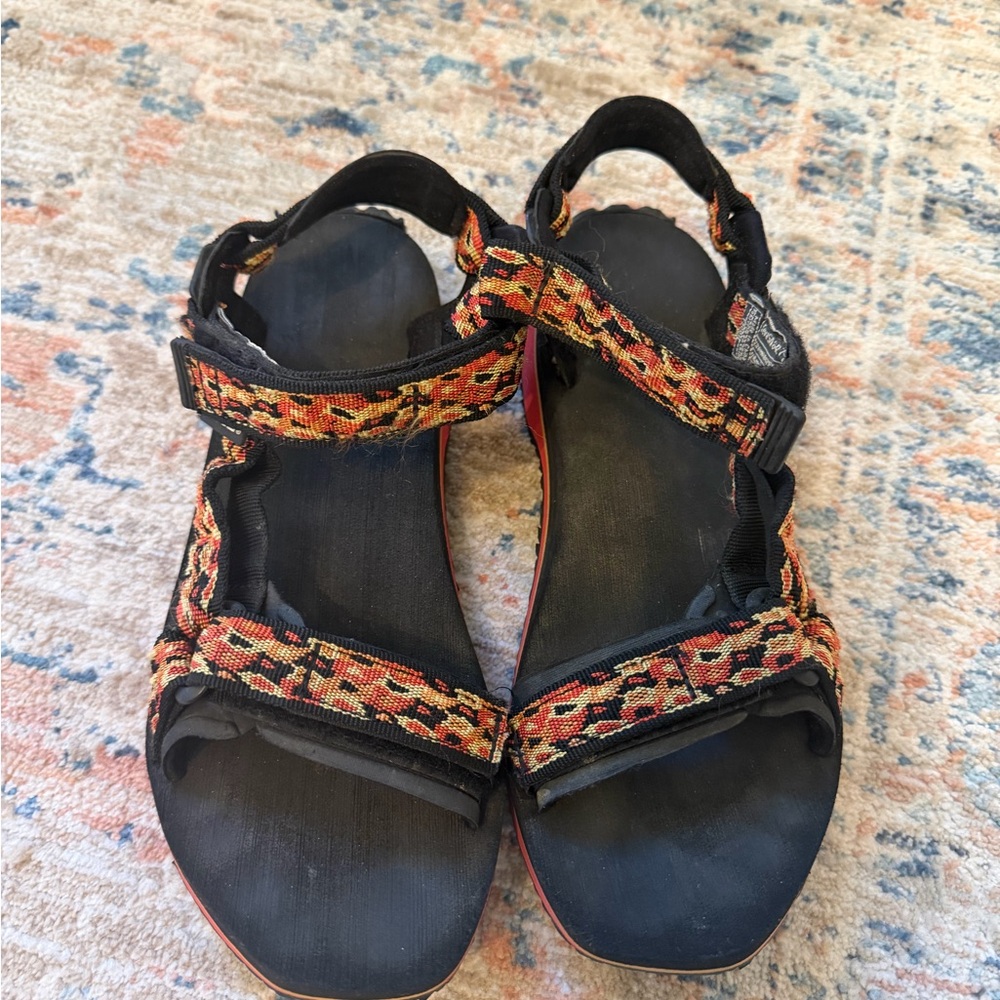 Teva Women's Black Sandals with Red and Orange Patterned Straps - Picture 2 of 9